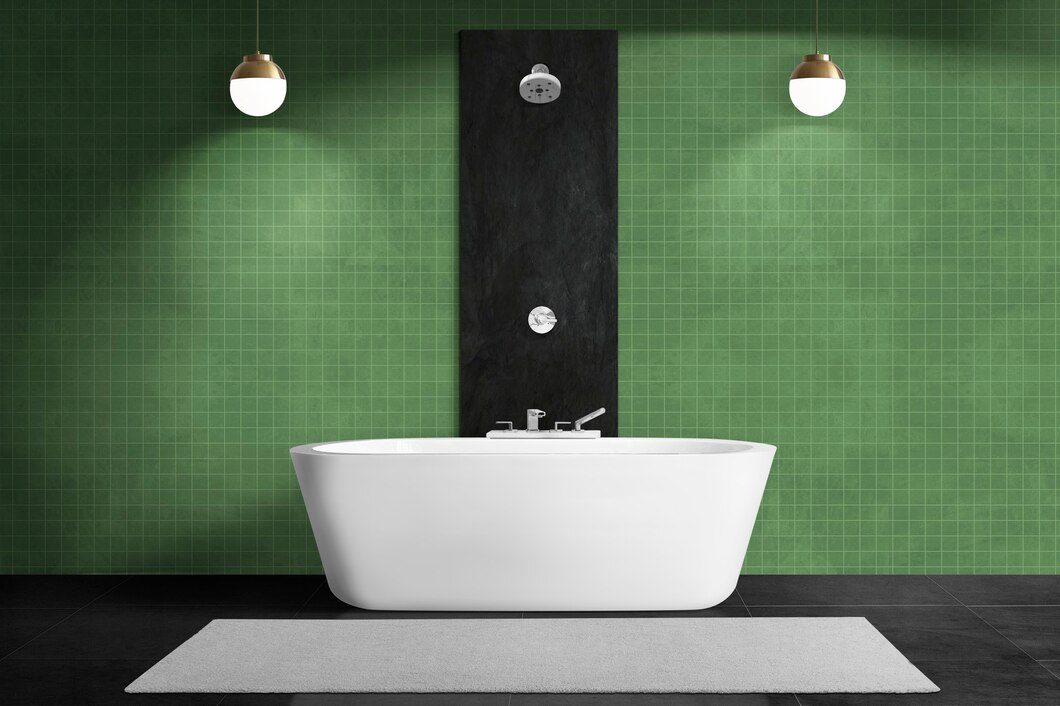 Jak wykorzystać odcienie zieleni oraz szarości przy aranżacji łazienki z użyciem płytek kamieniopodobnych?